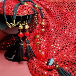 Black Suede Choker Necklace with Lampworked Glass Bead and Wirework Tassel Set.